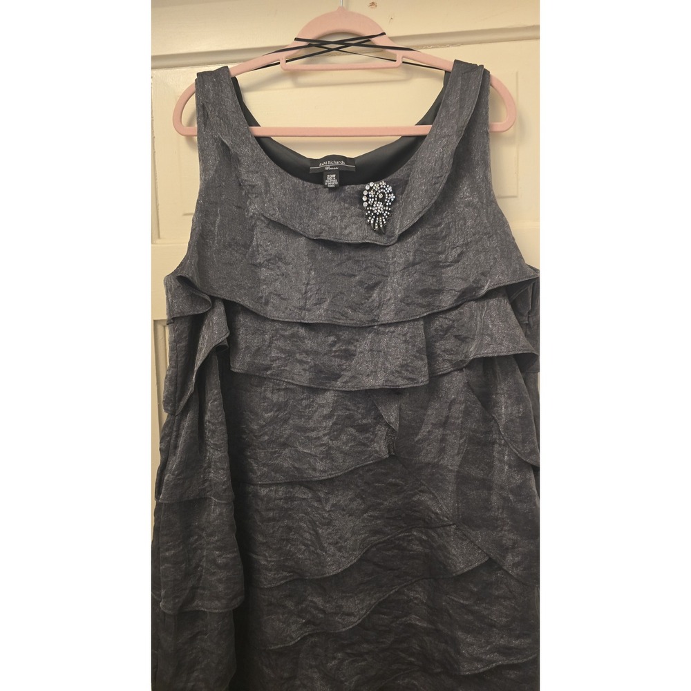 R&M Richards Women Metallic Tiered Midi Formal Dress Brooch Grey 20W - Picture 2 of 5